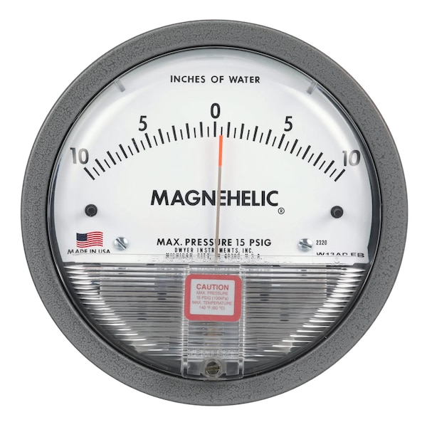 Differential pressure gage, range 0-5.0" w.c., minor divisions .10 with adjustable signal flag.